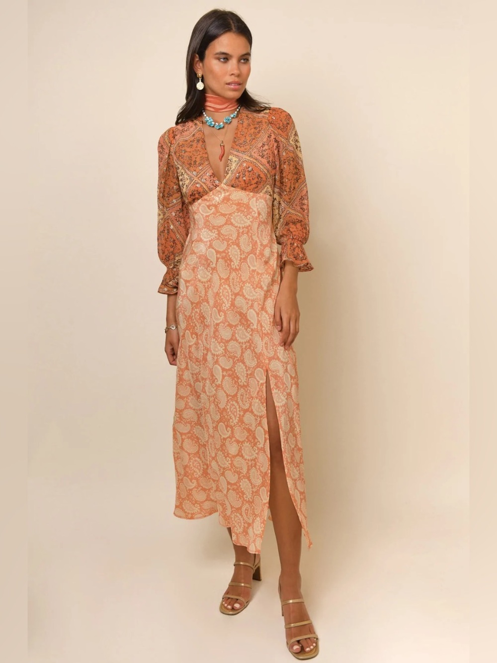 RIXO Aoife Coral Pink Bandana Paisley Silk Blend Maxi Dress Size M / US 8